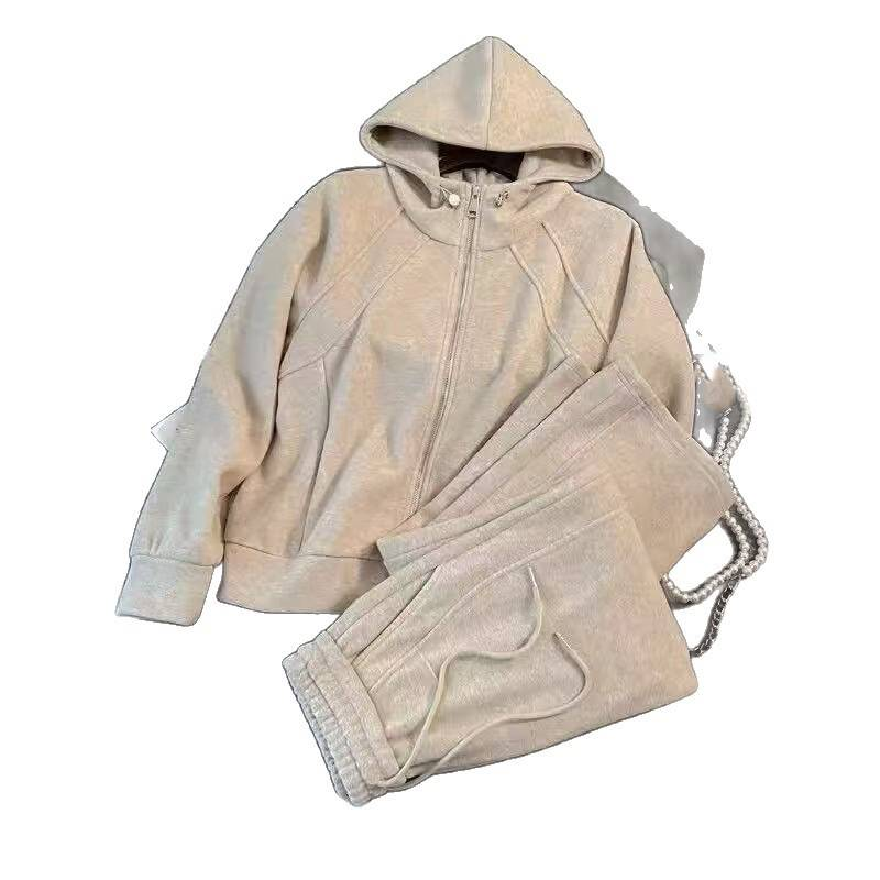 Ropa de mujer Traje deportivo casual de moda color albaricoque Otoño e invierno Chaqueta corta antienvejecimiento Pantalones de pierna ancha Traje de dos piezas_voghion.com