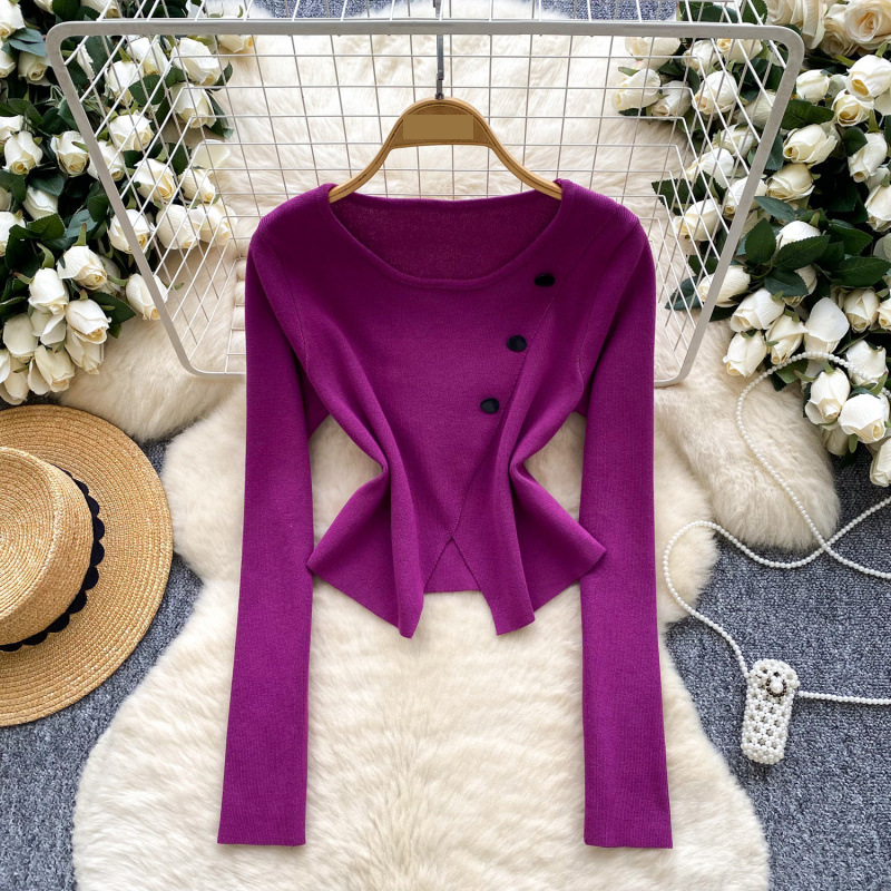 Women's Clothing Long Sleeved Sweater Design Niche Split Button Elegant Long Sleeve Knit Top For Women – Fall Staple With Split Hem & Button Detail_voghion.com