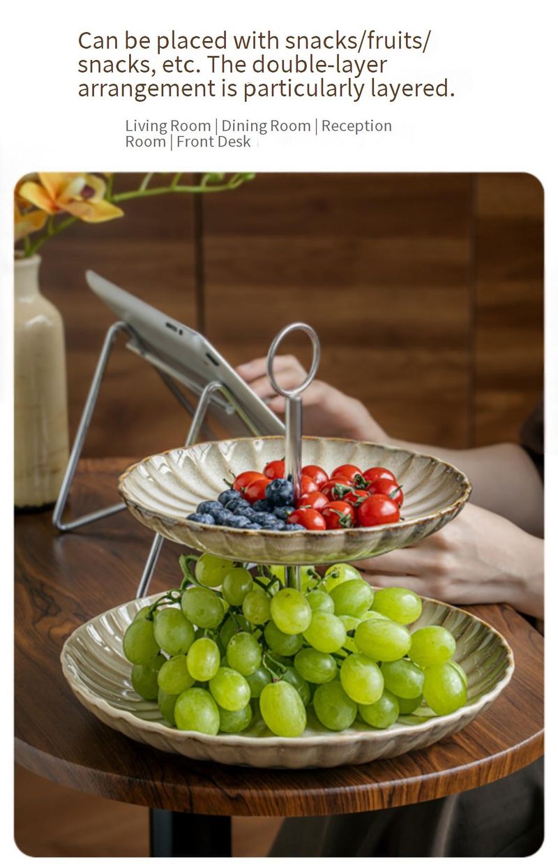 Double-Layer Ceramic Fruit Tray With Hand-Painted Floral Edge – Elegant Afternoon Tea Stand For Snacks, Desserts & Party Serving_voghion.com