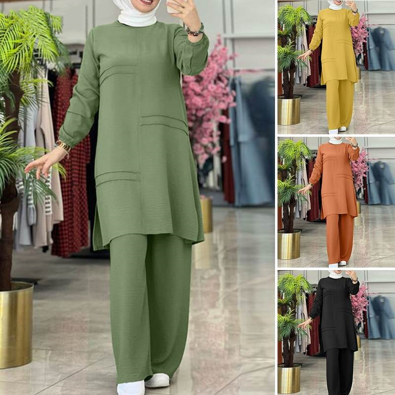 Ropa deportiva de dos piezas de color liso para mujer, camisa elegante de manga larga, funda para pantalones de pierna ancha_voghion.com