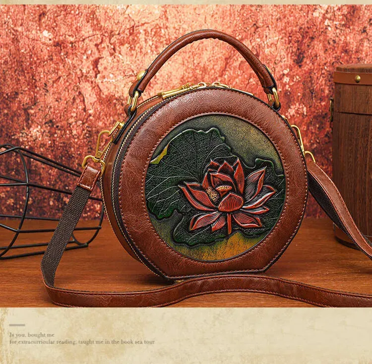 Borsa a tracolla monospalla cilindrica intagliata a mano con texture, semplice da usare per spostamenti quotidiani, grande capacità, in stile etnico, per donna_voghion.com