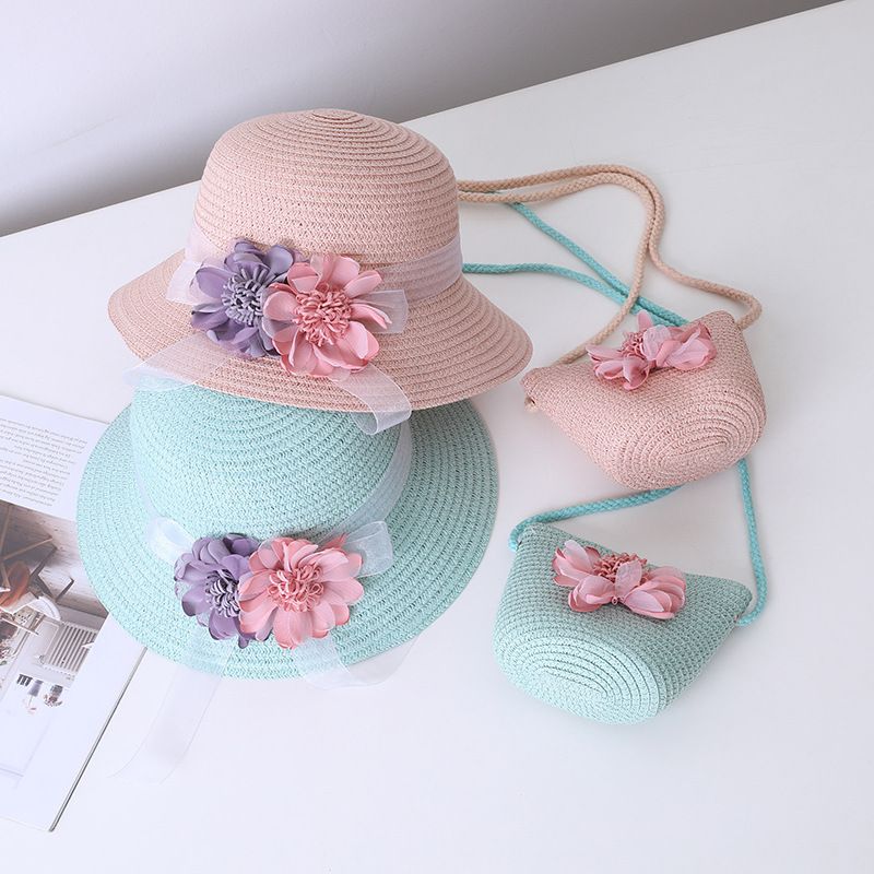 Neue Sommerkinderstroh-Eltern-Kind-kleine Umhängetasche Set Mädchen Baby Blume Fischertopf Big Eaf Sonnenblende Hut_voghion.com