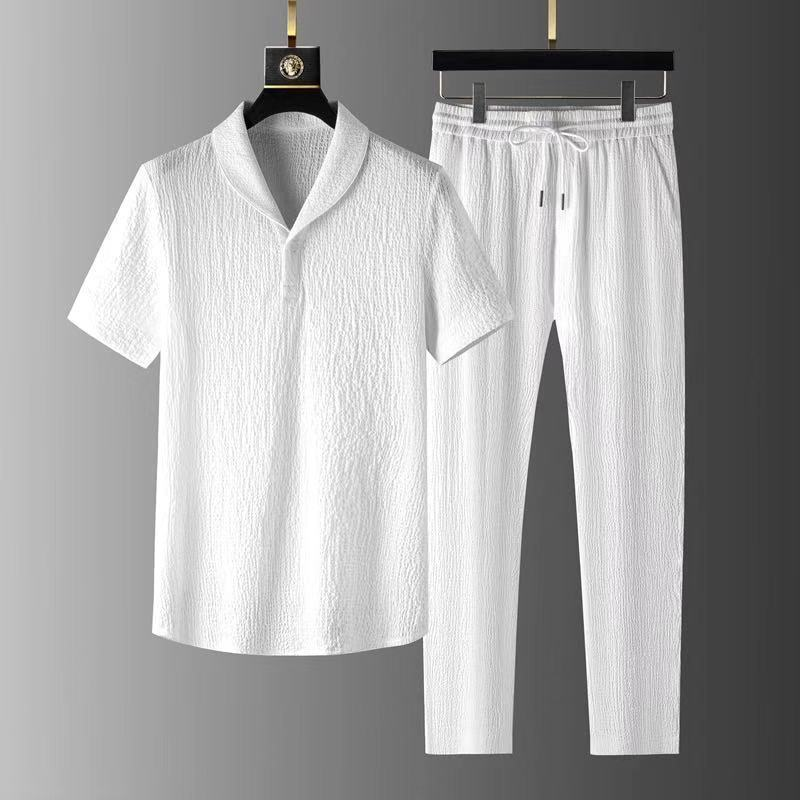 Plissert todelt dress for menn Tynn bomull og lin Kortermet T-skjorte V-hals Hvit fritidsdress_voghion.com