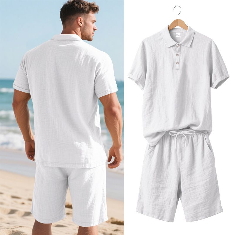 Ensemble polo et short de plage à manches courtes pour homme, style américain, ample, décontracté, respirant, en lin_voghion.com