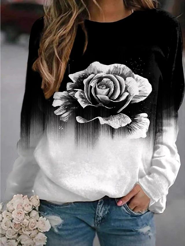 Felpa con cappuccio a maniche lunghe con stampa floreale e paesaggio da donna 2022_voghion.com