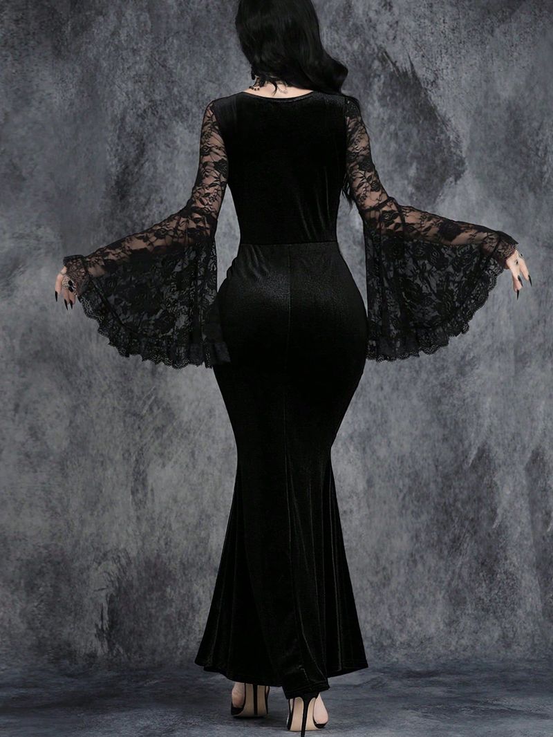 Gothic-Korsettkleid mit Spitzeneinsatz und Glockenärmeln für Halloween – Schwarzes Langarm-V-Ausschnitt-Kleid mit ausgestelltem Saum, elegante Gothic-Mode für Damen (S, M, L, XL)_voghion.com