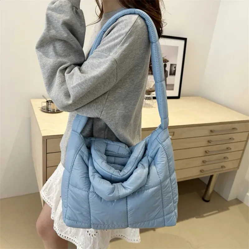 Women Puffer Tote Handbag Large Capacity Casual Padded Solid Color Quilted Top Handle Ladies Commute Bag 240820_voghion.com