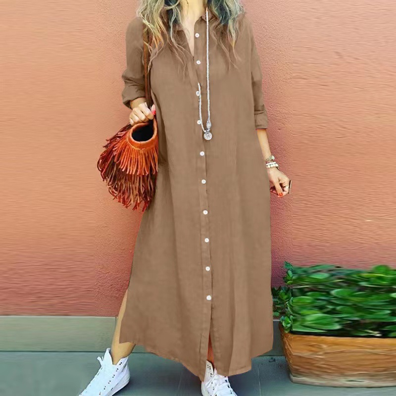 Damen-Cardigan-Kleid mit kontrastfarbener Schnalle, einfarbigem Revers, langen Ärmeln und lockerer Passform_voghion.com