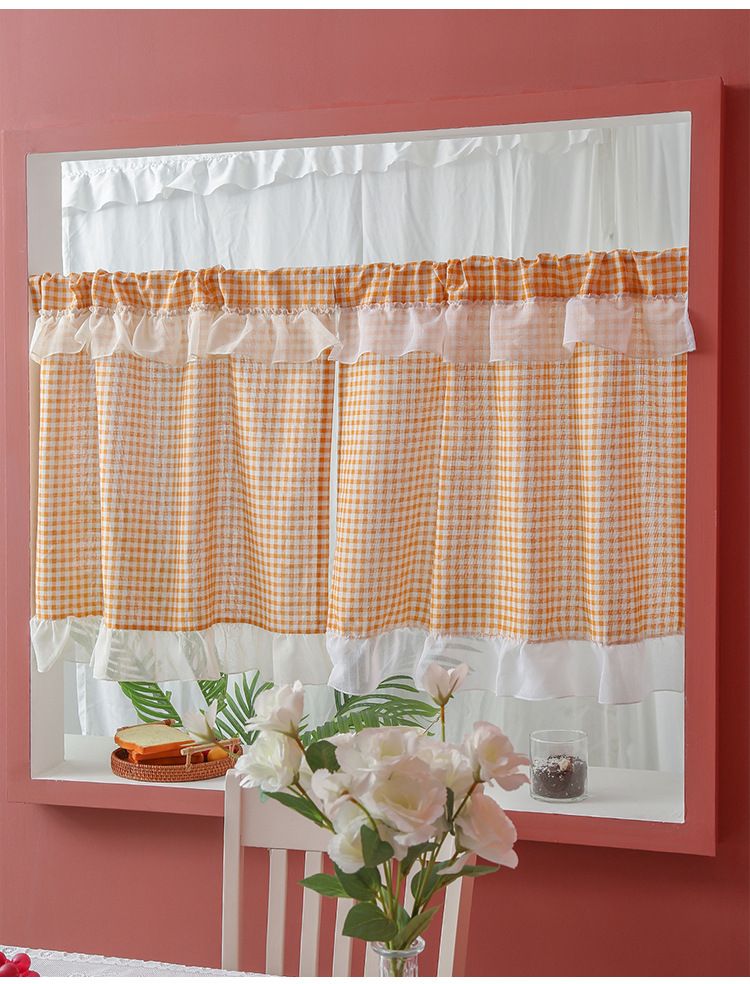 Karierte Türvorhänge – Halbtransparente Vorhänge aus Polyester mit Stangentasche für Küche, Café, Wohnzimmer – Orange/Grün/Rautenmuster_voghion.com
