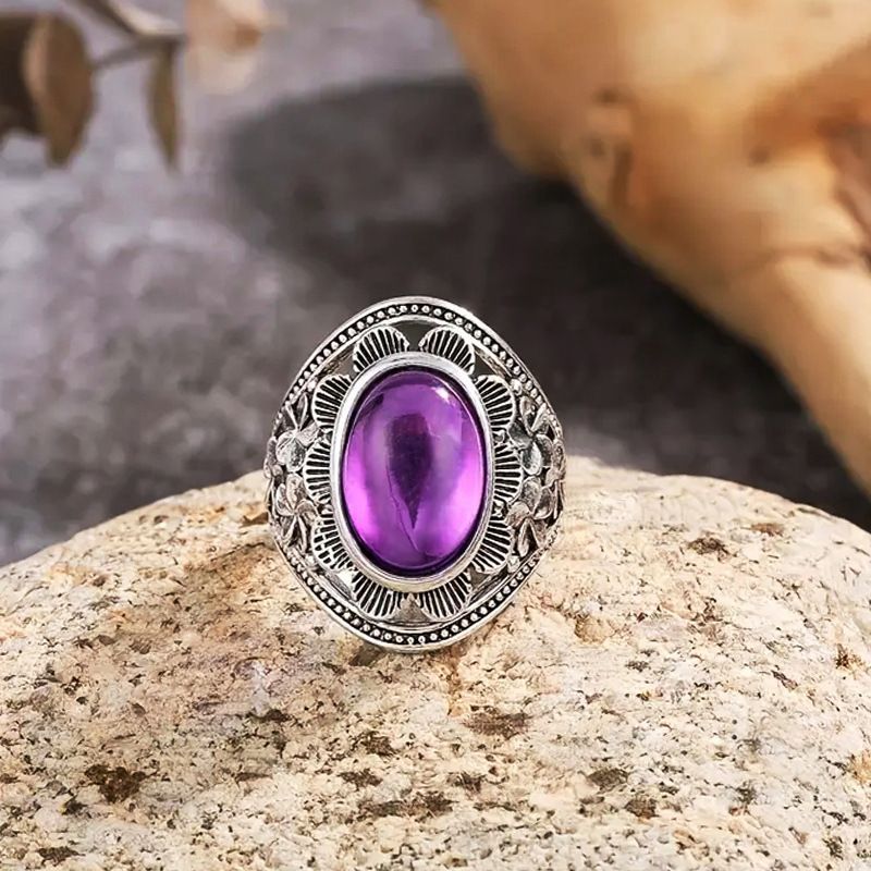 Cao Shi Moonstone Bohemian Carved Edge Vintage Style Flower Palace Index Finger Ring_voghion.com