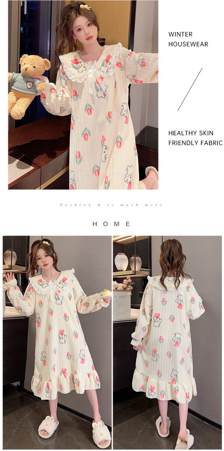 Vêtements de nuit en velours Water Shao pour femmes 2023 Hiver Sweet Ins Jupe de nuit à manches longues mi-longue avec graisse et grande taille_voghion.com