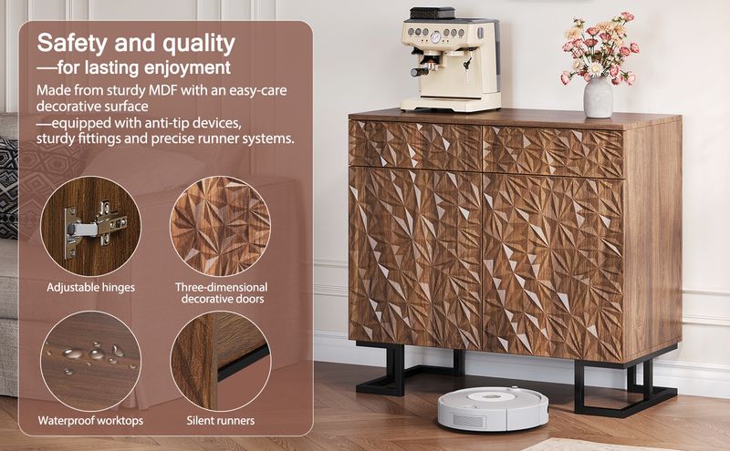 Credenza Kommode 80x78cm Walnussoptik Mit Blattrelief, 2 Schubladen & 2 Türen, Metallbeine_voghion.com