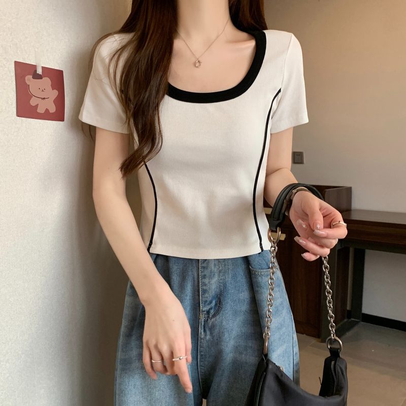 Shoulder sleeved T-shirt for women in summer, unique and chic color blocking, square neck shirt with contrasting colors,_voghion.com