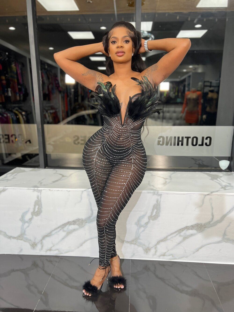 sexy feather hot rhinestones slim fit hip covering sleeveless jumpsuit_voghion.com