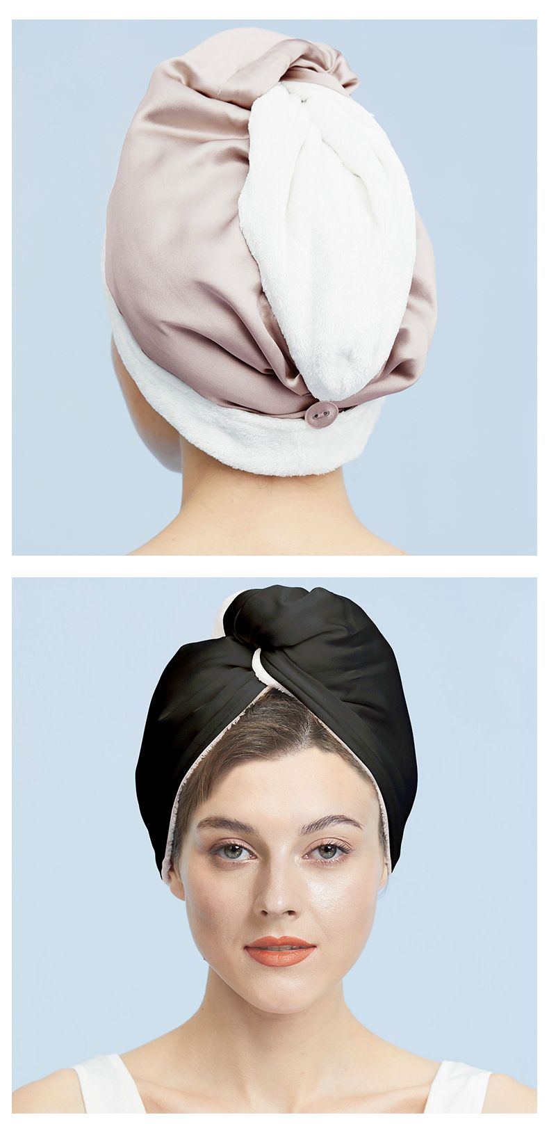 Asciugamano in seta per capelli da donna - Cuffia per asciugare i capelli ultra assorbente e delicata per capelli danneggiati - Morbida e lussuosa (nero, rosa cipria, azzurro ghiaccio)_voghion.com