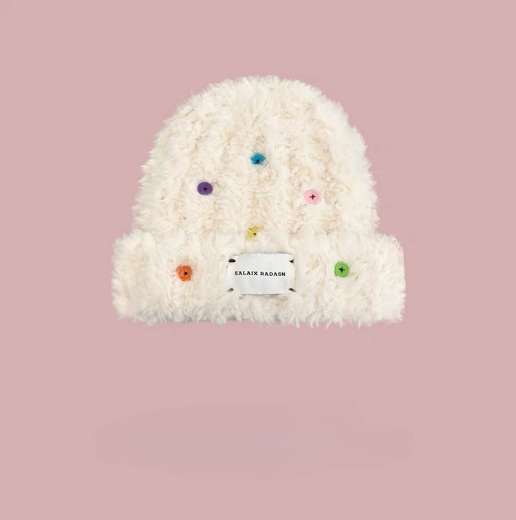 Chapeau en peluche à boutons colorés rouges en maille de styliste pour l'automne et l'hiver, écharpe tricotée rouge en maille chaude pour la chaleur et l'épaississement, chapeau tricoté mignon_voghion.com