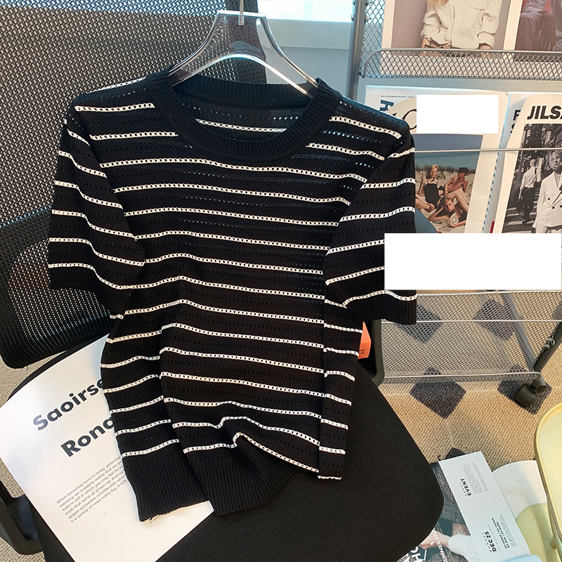 T-shirt da donna comoda in seta ghiaccio con scollo tondo a righe cave, maglione estivo a maniche corte in maglia slim allentata da donna_voghion.com