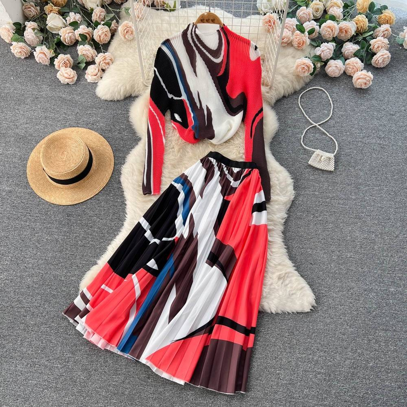 Dameskleding nieuwe bedrukte trui + geplooide rok tweedelige trendy set_voghion.com