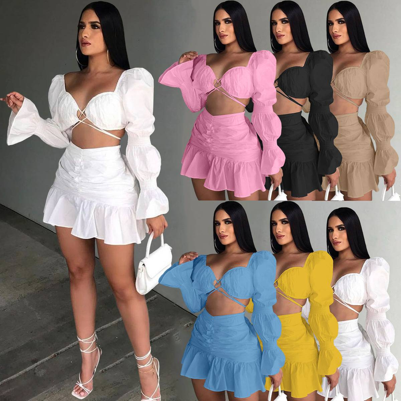 Ensemble 2 pièces sexy pour femme, tenue de festival, haut court à manches bouffantes et mini-jupe à volants, tenue de club, tenue de soirée assortie_voghion.com