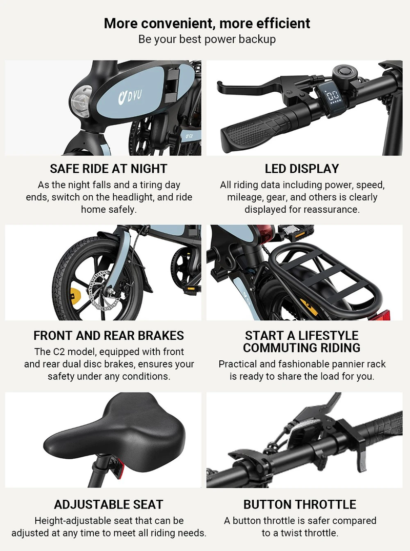 DYU C2 Elektresch Vëlo, C2 16 Zoll ausklappen Ebike 250W Motor, 48V 7.5Ah Batterie_voghion.com