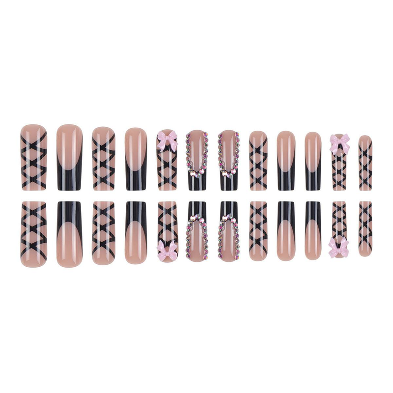 Eleganti unghie finte nere con fiocco e dettagli in perle - Unghie finte riutilizzabili per donna, design a linee incrociate, compatibili con colla/gel, lunghe_voghion.com