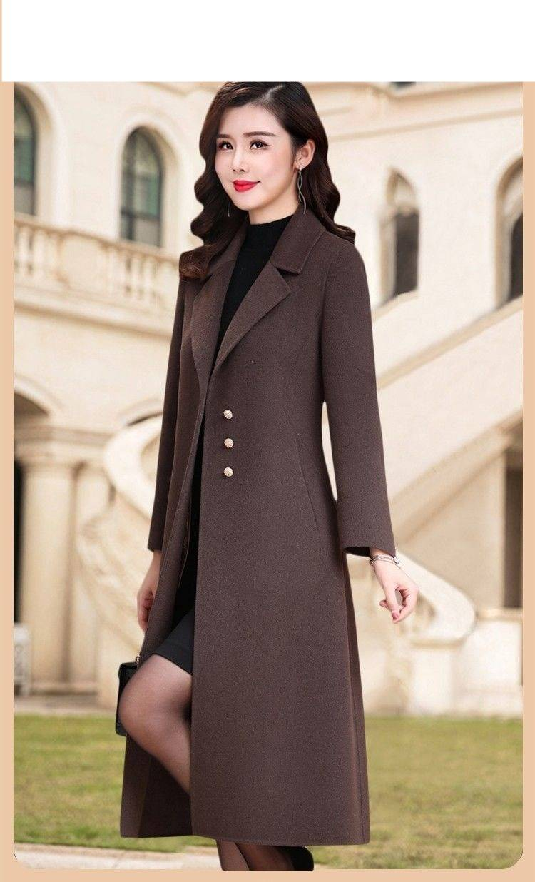 Knielanger Trenchcoat aus Wollmischung mit Gürtel für Damen – Eleganter, lässiger Büromantel in Unifarben (Khaki, Burgunderrot, Kaffeebraun, Karamell)_voghion.com