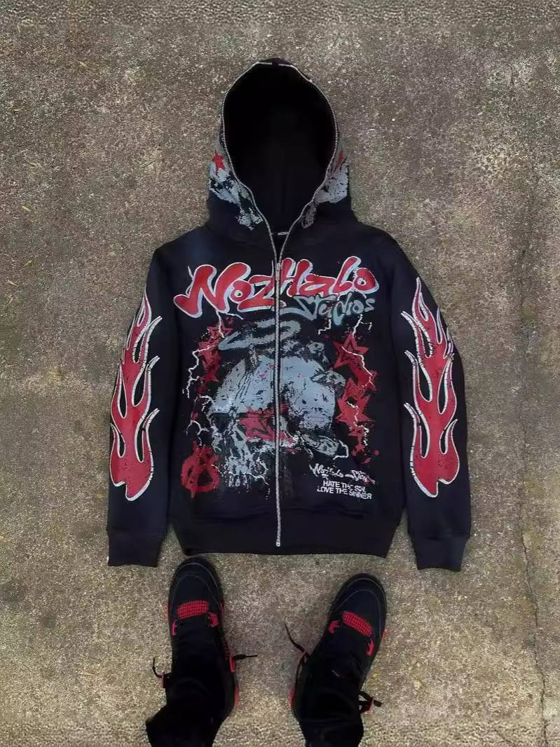 Y2k Retro Streetwear Hoodie With 3d Cartoon Print, Zip-up Oversized Pullover For Hip-hop & Dark Aesthetic Fashion_voghion.com