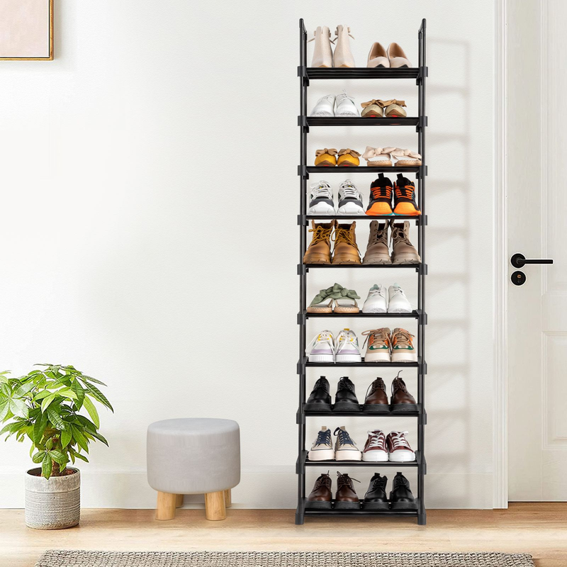 Étagère à chaussures à 4 niveaux avec cadre en métal et 10 tablettes réglables | 45 x 30 x 174 cm, rangement robuste pour entrée et placard (noir)_voghion.com
