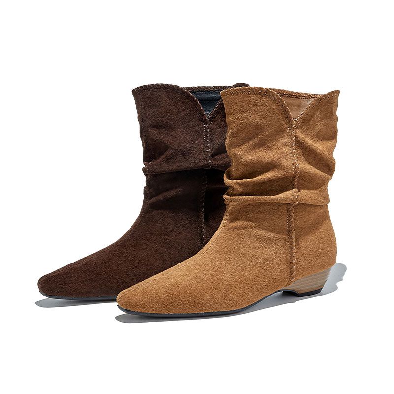 Autumn And Winter New Camel Colored Pile Up Boots For Women, Suede Short Boots, Niche Square Head Weaving Design, French Retro High-end_voghion.com
