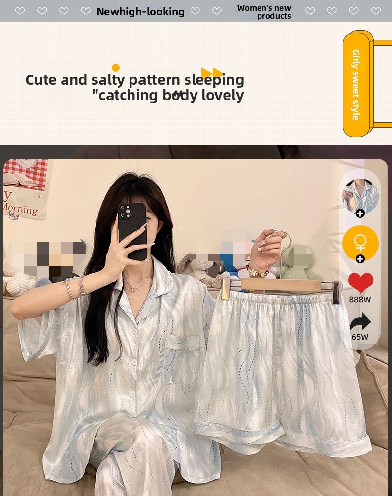 Damen-Pyjama-Set aus Eisseide – 3-teilig mit Brustpolster, kurzen Ärmeln, ideal für kühle Nächte_voghion.com