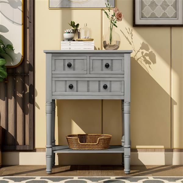 Narrow Console Table, Slim Sofa Table With Three Storage Drawers And Bottom Shelf For Living Room, Easy Assembly (Gray Wash)_voghion.com
