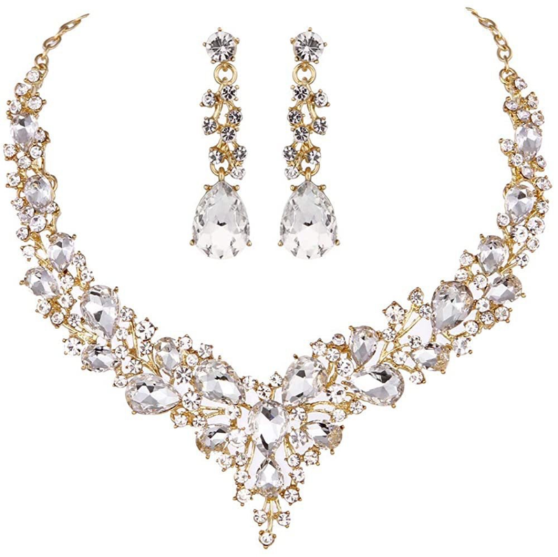 Set di collana e orecchini in cristallo con strass da sposa per donna, set di abiti da ballo, gioielli di lusso_voghion.com