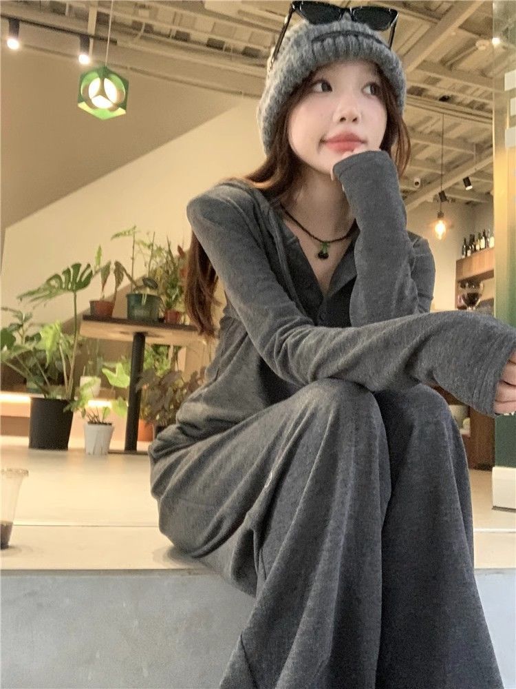 001 Casual Sports Suit For Women, Autumn New Loose Lazy Style, Youthful Fashionable Top And Wide-Leg Pants Two-Piece Set_voghion.com