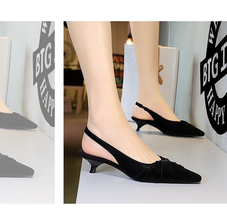 5212 Korean Style Pointed Toe Back Strap Single Shallow Mouth Wine Glass Bowknot Women's Thin Backless Fashion Low Heel_voghion.com