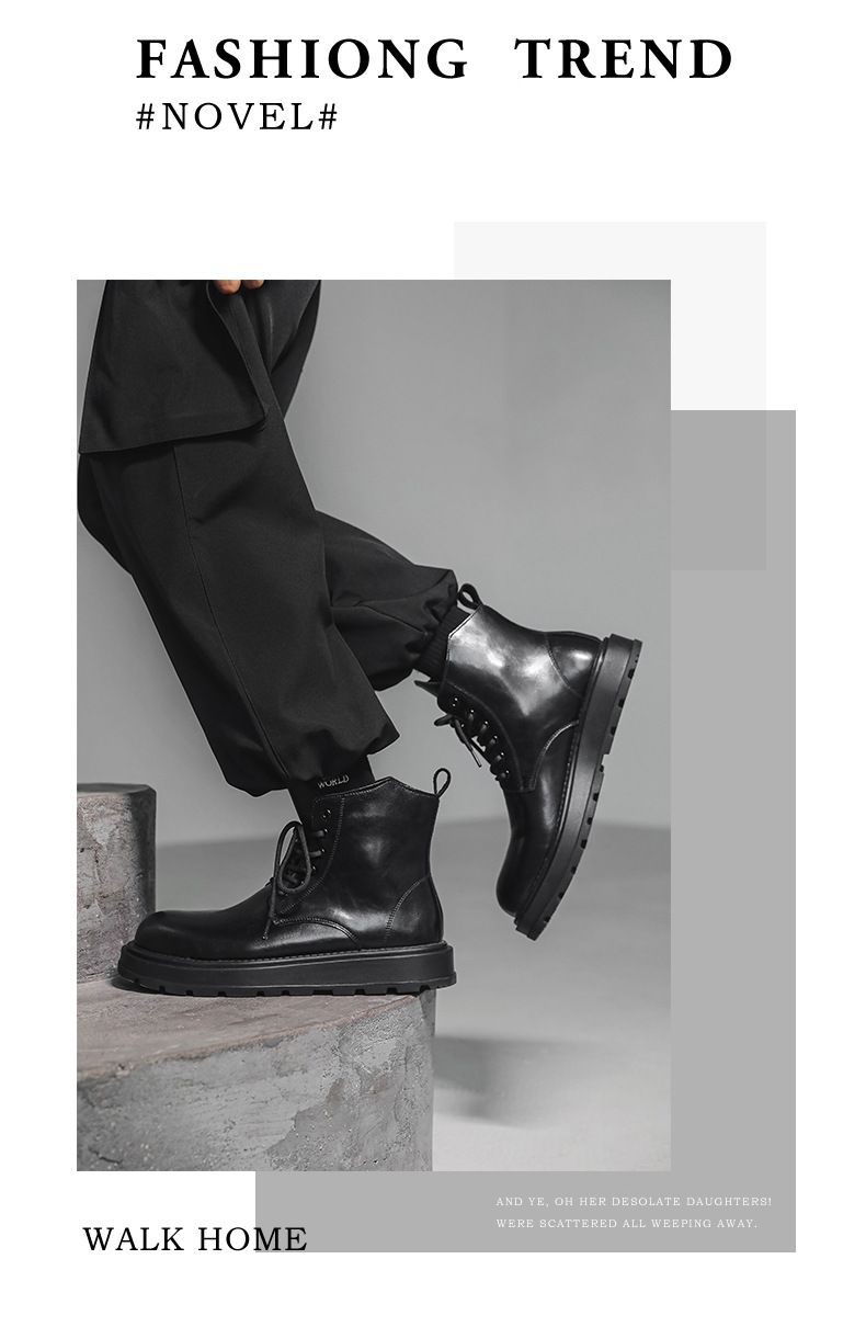 Retro Martin Boots Lace-up Locomotive Tooling Boots Thick-soled High-top Leather Shoes Black Short Boots_voghion.com