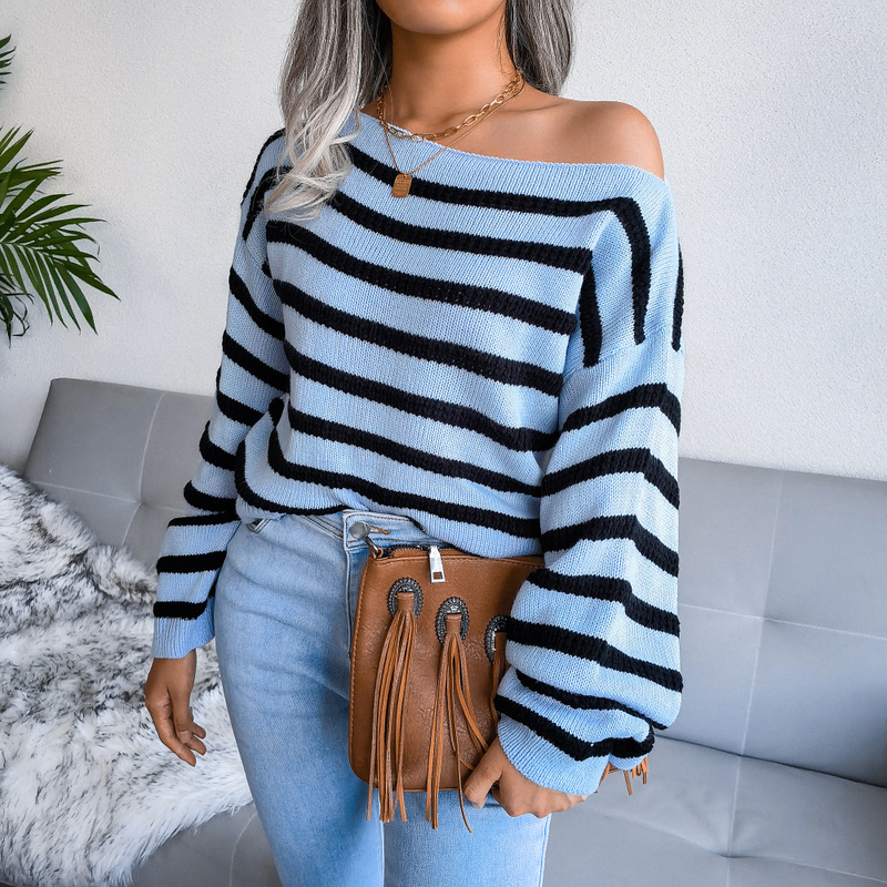 Autumn And Winter Off-Shoulder Casual Loose Striped Knitted Sweater Women's Fashion_voghion.com