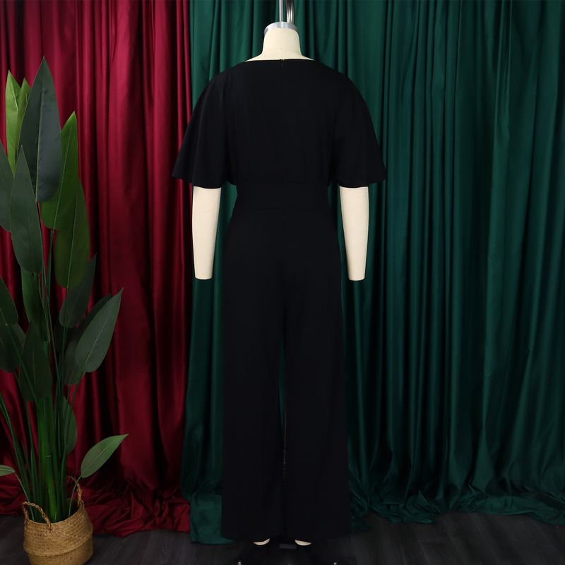 Roupas femininas moda verão feminina gola redonda cor sólida cintura alta tamanho grande perna larga macacão_voghion.com