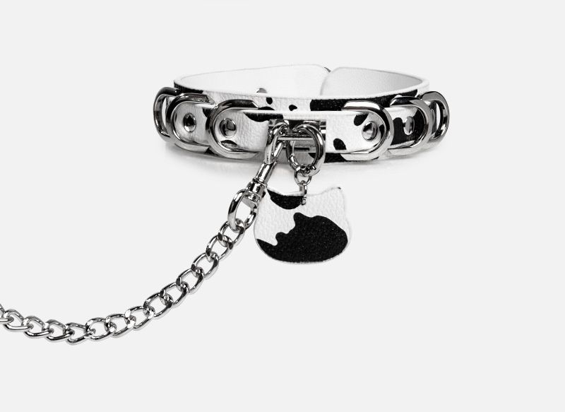 LuvBox Cow Pattern Collar Leash Necklace SM Erotic Alternative Toy Sexy Maid Style Cute Animal Neck Ring_voghion.com