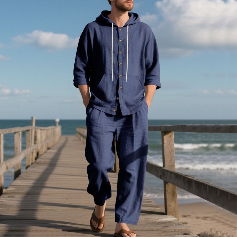 Men's Linen Hooded Shirt & Pants Set - Breathable Beachwear For Spring & Summer Fashion Trends Hot-selling_voghion.com