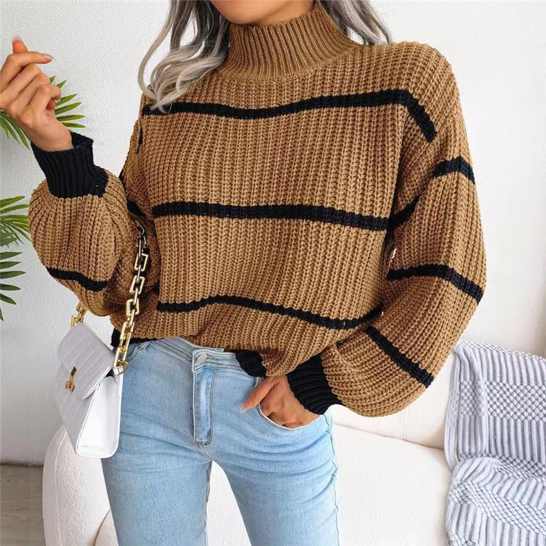Suéter feminino casual listrado com manga lanterna e meia gola alta_voghion.com
