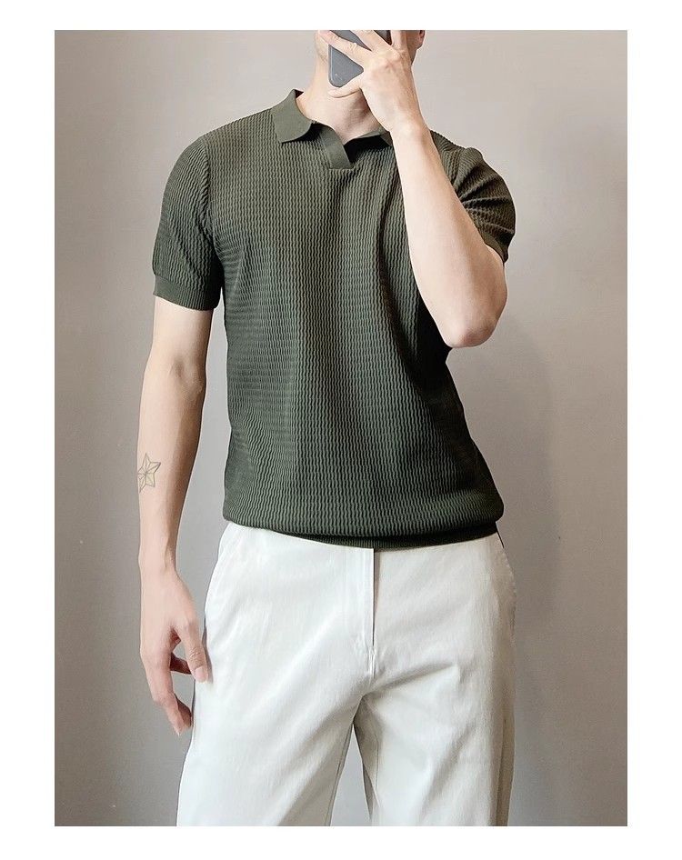 Polo da uomo in maglia leggera e traspirante, aderente, a maniche corte, stile americano, in seta ghiacciata, modello cross-border, con strisce antivento_voghion.com