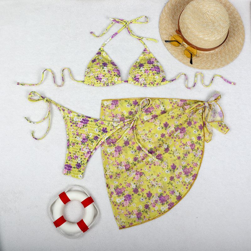 Vêtements pour femmes Jupe en gaze Fendue Bikini de Vacances Maillot de Bain Sexy Imprimé Bikini Ensemble Trois Pièces_voghion.com