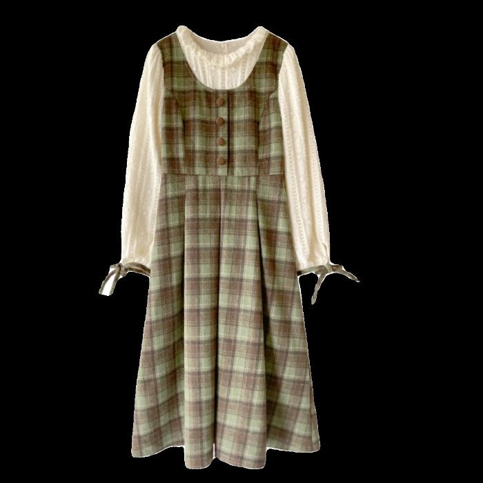 Robe longue deux pièces style collège à carreaux verts, mode femme automne-hiver 2025, nouvelle petite taille_voghion.com