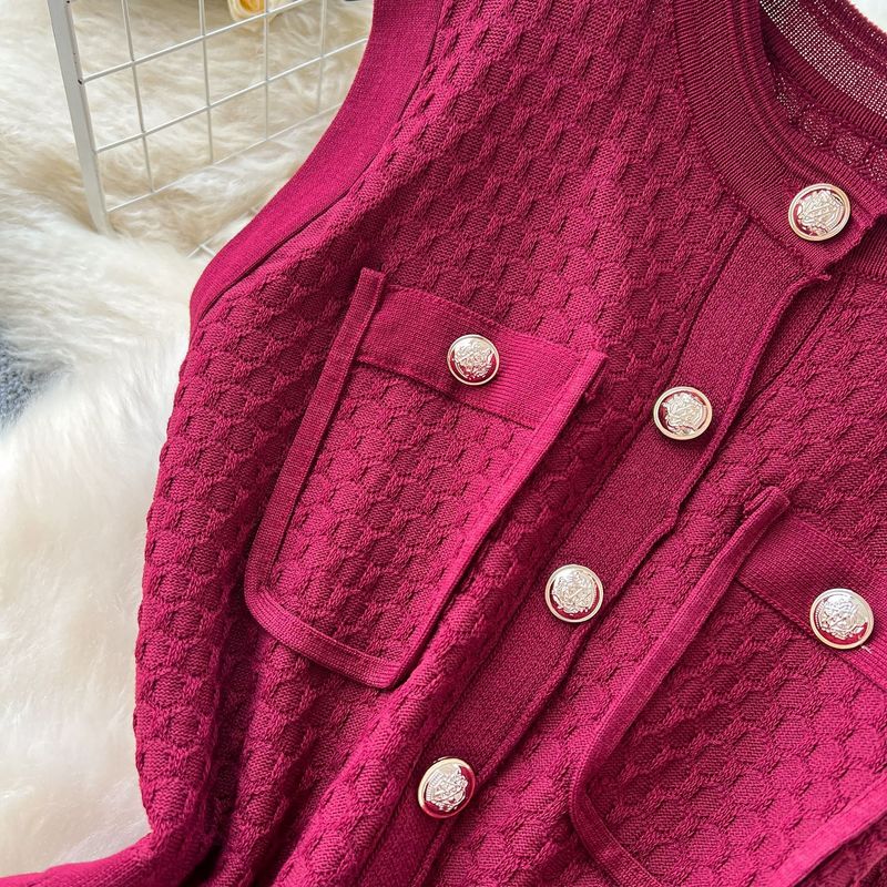 Robe en tricot à col rond et sans manches pour femme, coupe ajustée, boutonnée en métal, nouveauté été_voghion.com