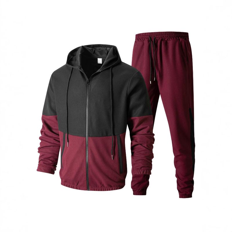 Ensemble veste et pantalon de survêtement zippés color-block pour homme – Noir/Vert/Bordeaux (S-XXXL, 100 % polyester, léger pour un style streetwear et décontracté)_voghion.com