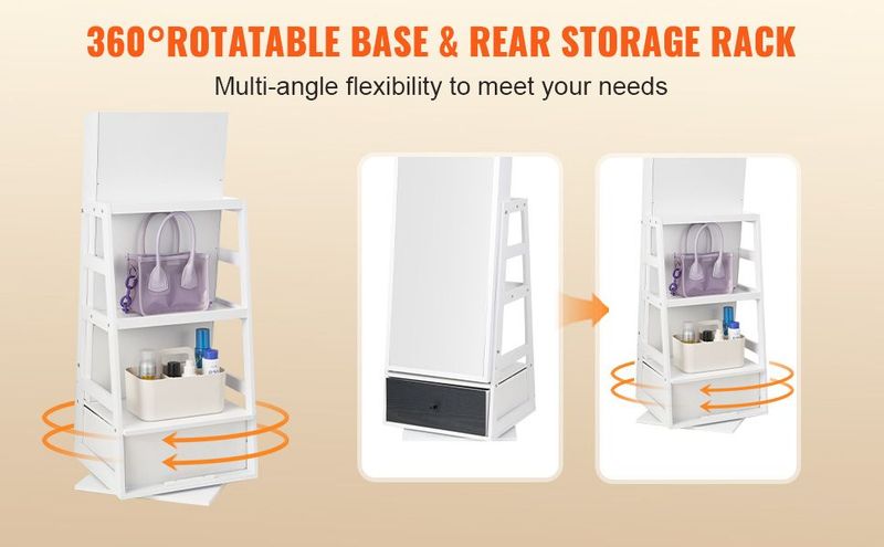 VEVOR Mirror Jewelry Cabinet 360° Swivel Standing Mirror With Storage White_voghion.com