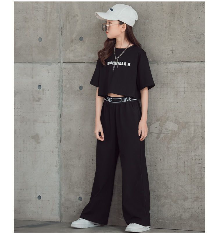 Girls' 2023 summer new item, Zhongda stylish Korean version, children's short sleeved top, wide leg pants two-piece set_voghion.com
