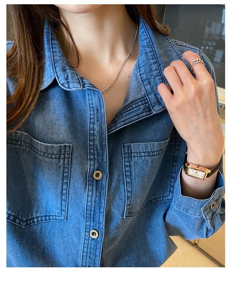 Vintage Jeanshemd im Hong Kong-Stil für Damen – Retro-blaues Oversized-Button-Down-Shirt mit klassischem Kragen, Freizeit- und Bürokleidung_voghion.com