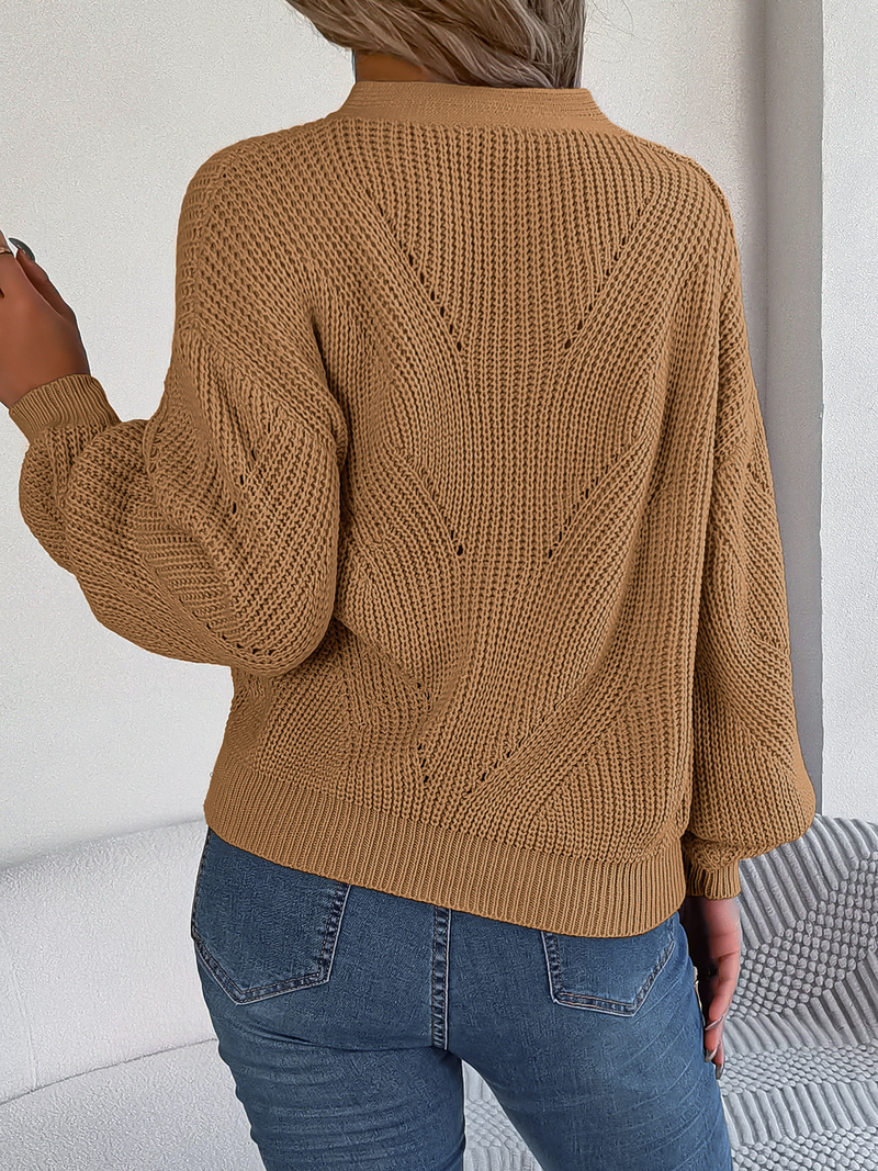 Maglione da donna con scollo a V e maniche a lanterna cava, maglione oversize, top casual in maglia tinta unita_voghion.com
