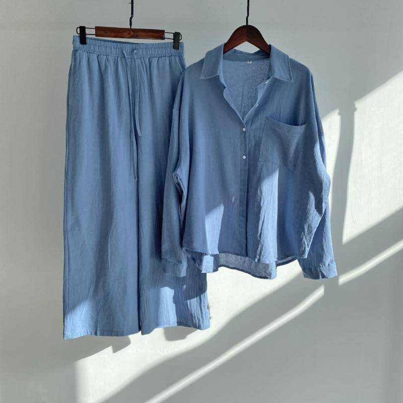 Completo da donna in due pezzi, pantaloni e camicia retrò, 2024, primavera estate, moda, camicia a maniche lunghe in cotone e lino, completo casual da donna_voghion.com